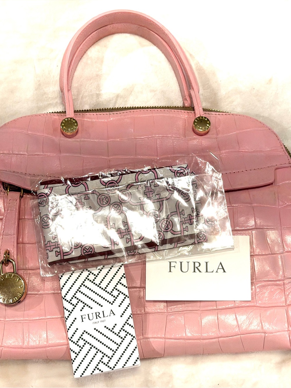 FURLA Pink Croc Embossed Leather Satchel | Custom Refinished Statement Bag